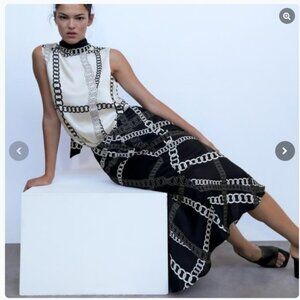 Zara chain print midi skirt black white scarf monochrome Skirt + Top Set (M)